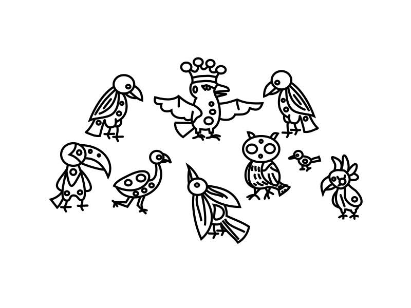 Hand drawn images of birds surrunding a bird 'king'.